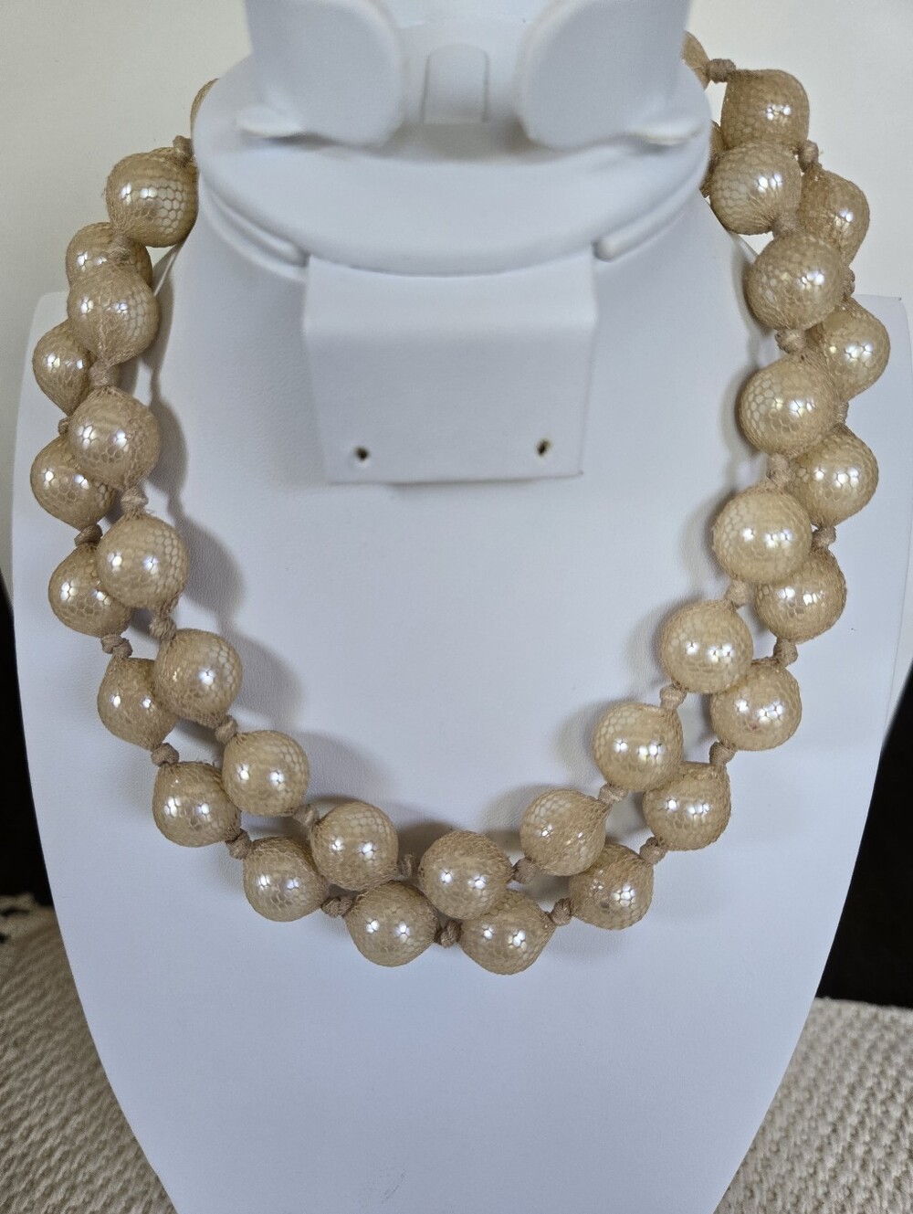 N-121-Netted Beige Faux Pearl Beaded Statement Necklace